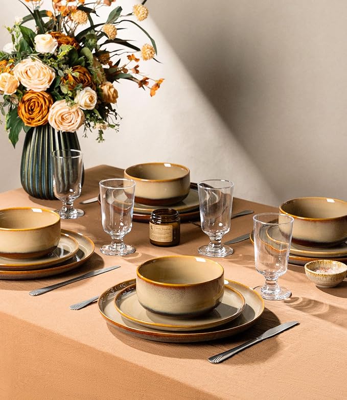 TheTerra Ceramic Dinnerware Sets for 6, 18 Pieces Handmade Reactive Glaze Plates and Bowls Set, Scratch Resistant Dish Set, Oven & Microwave & Dishwasher Safe, Creamy Amber