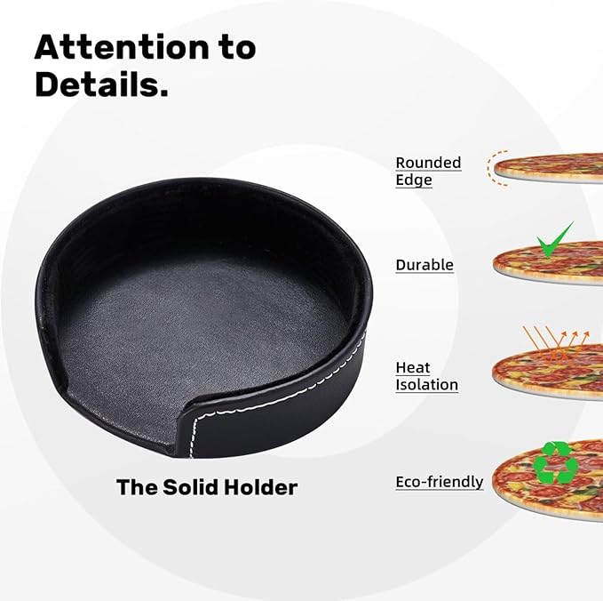 Pizza Coasters for Drinks with Holder Round Leather Coasters Set of 6 Cups Mugs Mat Pad for Home Kitchen Bar
