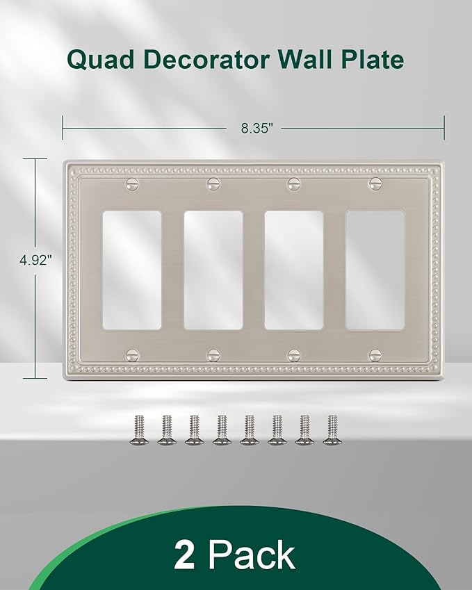 2-Pack Quad Decorator Outlet Cover Plate, Pearls Decorative Switch Plates and Outlet Covers, 4 Gang Brushed Nickel Metal Wall Plates, Corrosion Resistant