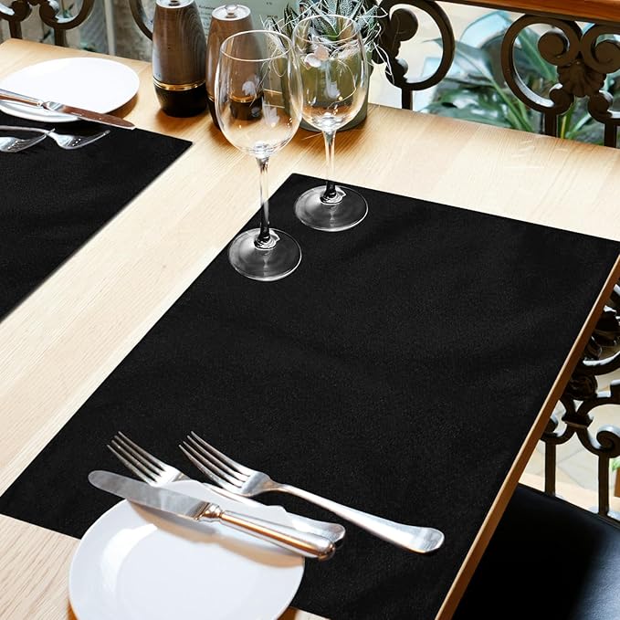 Cloth Placemats Set of 6, Cotton Linen Blend Machine Washable Double Layered Place Mats, Heat Resistant Placemats Wrinkle Free Thick Fabric Dining Table Mats for Indoors & Outdoors (Black, 6)