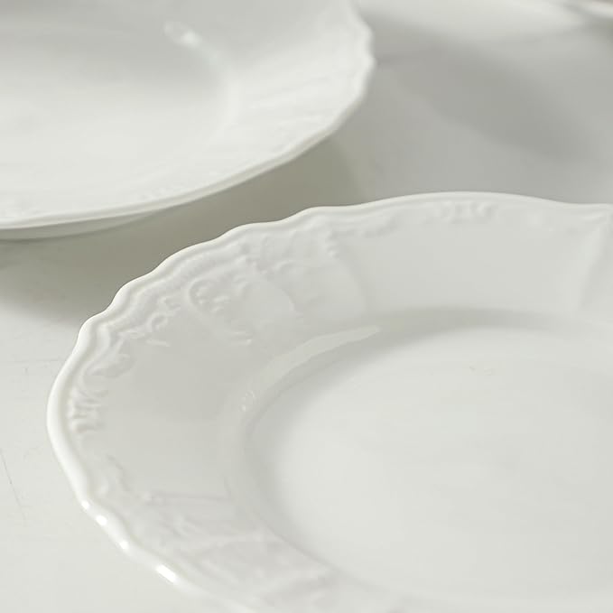 Embossed Ceramic Appetizer & Dessert Plates, 7.5 inch Small Salad Plate, Small White Plates for Cake Waffles Snacks Side Dish, Round Dinnerware Sets, Dishwasher & Microwave Safe - Set of 8