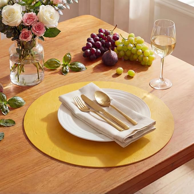 Artoid Mode Yellow Faux Leather Placemats Set of 6, 15 Inch Waterproof Wipeable Heat Resistant Vinyl Place Mats, Reversible Table Mats for Summer Kitchen Dining Decor