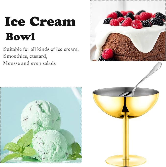 Ice Cream Bowls Stainless Steel Dessert Cups with Spoons Reusable Footed Sundae Cups Ice Cream Cups for Dessert, Frozen Yogurt, Gelato, Birthday Party Decorations (1, Glod)