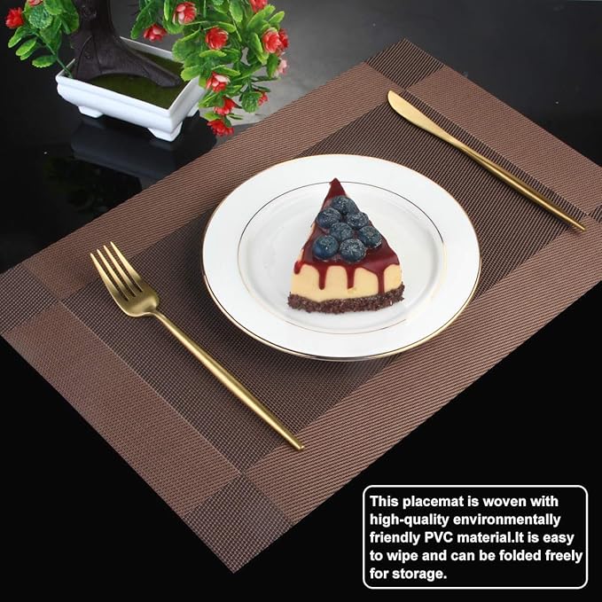 DACHUI Placemats, Heat-Resistant Placemats Stain Resistant Anti-Skid Washable PVC Table Mats Woven Vinyl Place mats (6pcs, Brown-Cross)