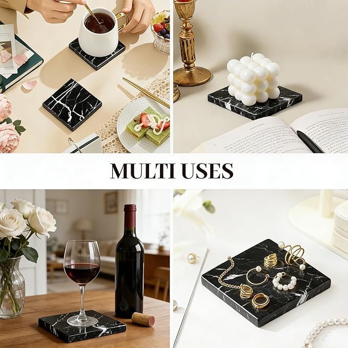 Natural Marble Coasters, Square Costers, Luxury Aesthetic Modern Decor for Coffee Table Bar Kitchen Home, Black Marble, Real Natural Semi Absorbent Stone Coasters