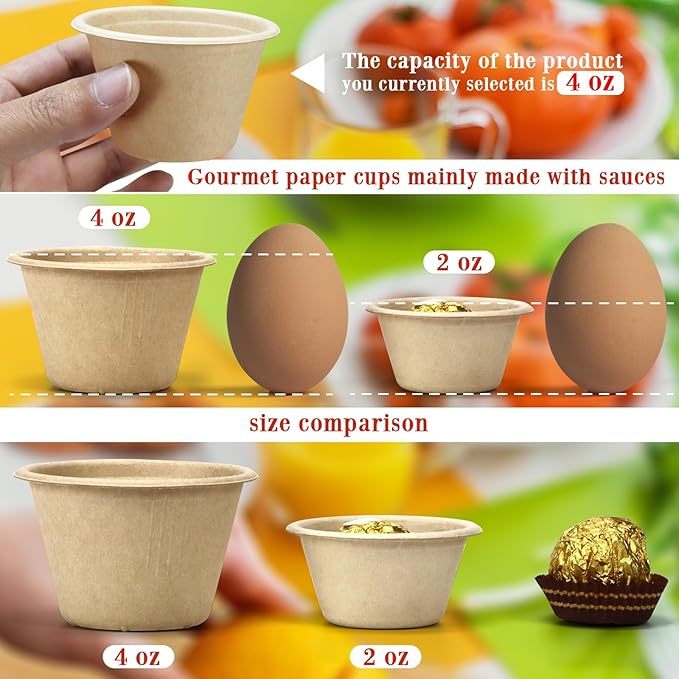 LeonBach 150 Pack 4oz Natural Bagasse Fiber Sauce Cups, Compostable Small Disposable Paper Dipping Bowls Biodegradable Condiment Portion Sample Snack Charcuterie Serving Tasting Cups