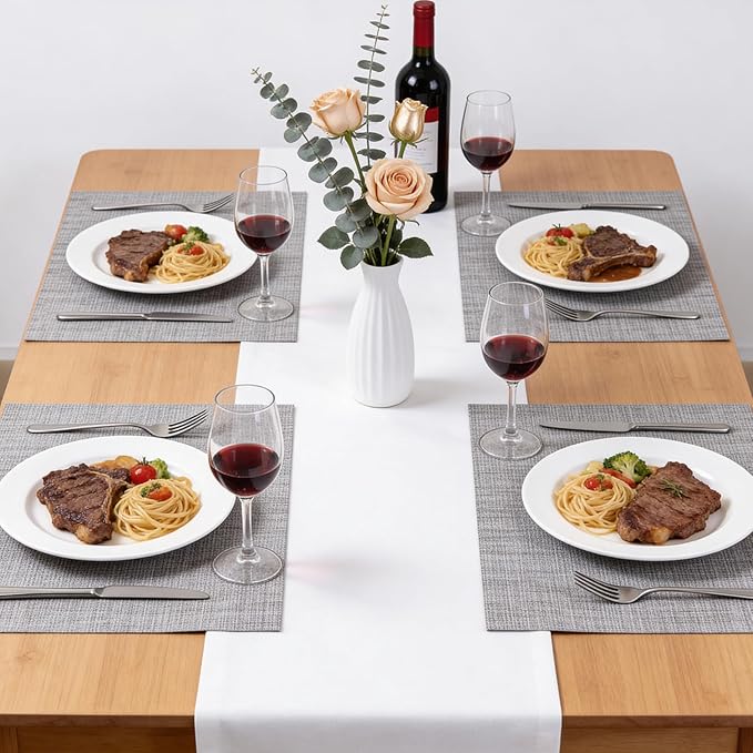 Timeet Placemats Set of 8, Heat Resistant Non-Slip Place Mats, Durable Washable PVC Vinyl Woven Table Mats, Linen Textured Table Placemats for Dining Kitchen Resistant Easy to Clean(Gray)