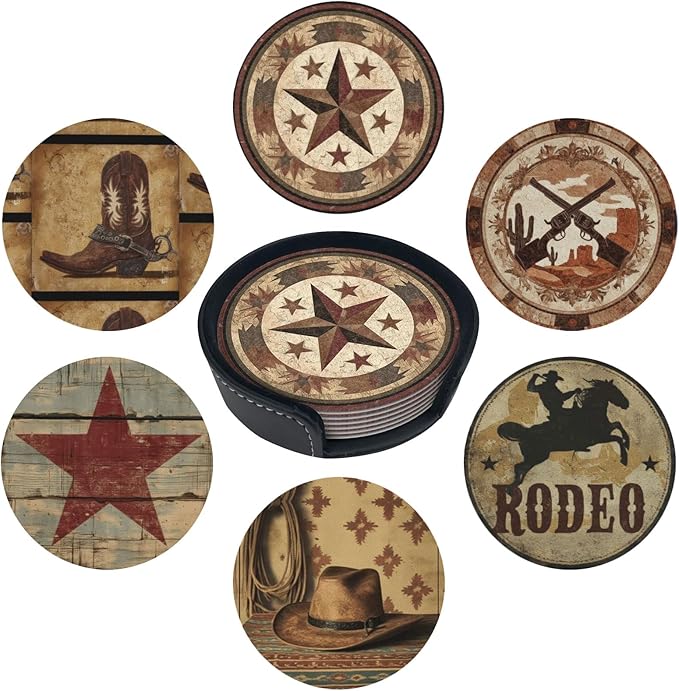 Western Cowboy Coasters for Drinks with Holder Round Leather Coasters Set of 6 Cups Mugs Mat Pad for Home Kitchen Bar