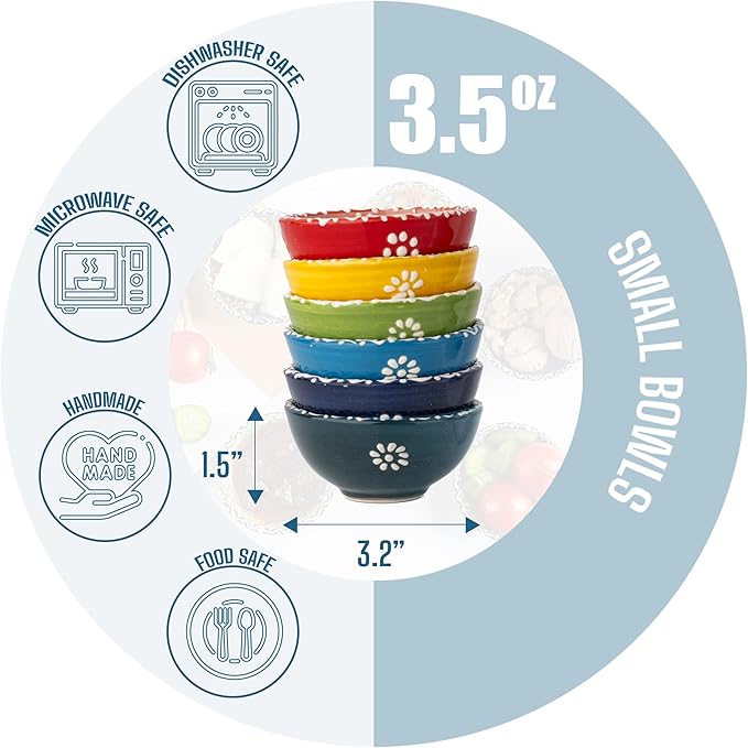 Ceramic Small Dipping Bowls Set of 6, 3.5 Oz Soy Sauce Dish, Handmade Charcuterie, Colorful Pinch, Dishwasher & Microwave Safe, 3.2'' Mini (SULTAN'S GARDEN)