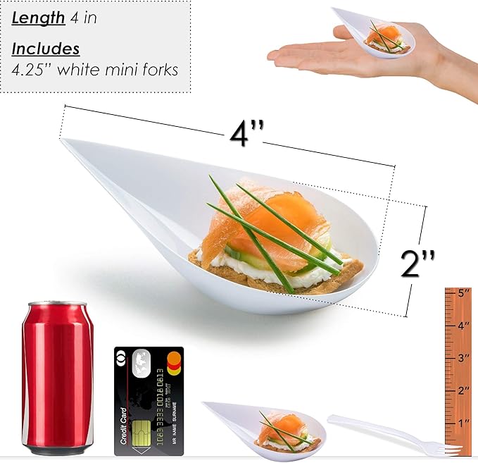 DLux 100 4-in Tear Drop Mini Appetizer Plates with Forks, Reusable White Plastic Spoons - Desserts and Appetizers Dishes Serving Plate - Asian Spoon Set, Small Catering Dessert Tasting Cups