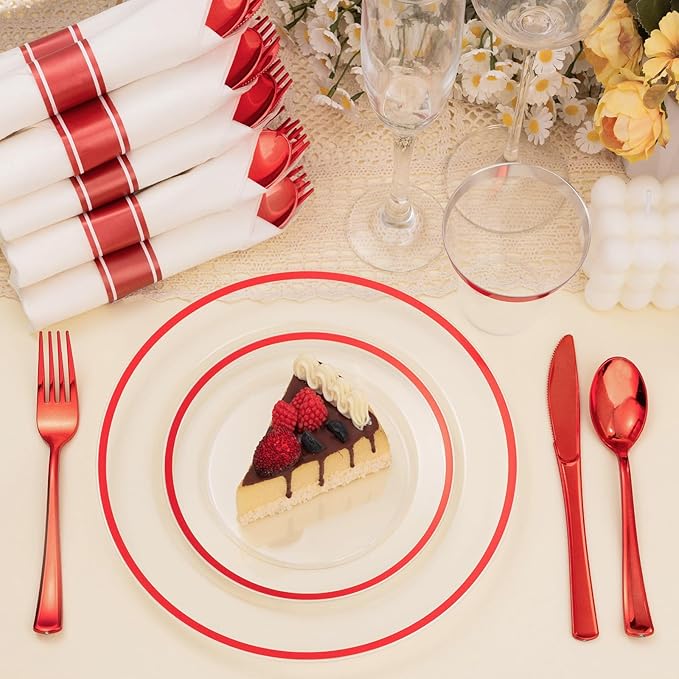 BESTSTAR 350PCS Clear and Red Disposable Plates Set for 50 Guests, 100 Plastic Plates, 50 Plastic Cups, 50 Pre-Rolled Napkins with Cutlery for Party, Christmas, Thanksgiving, Birthday, Halloween