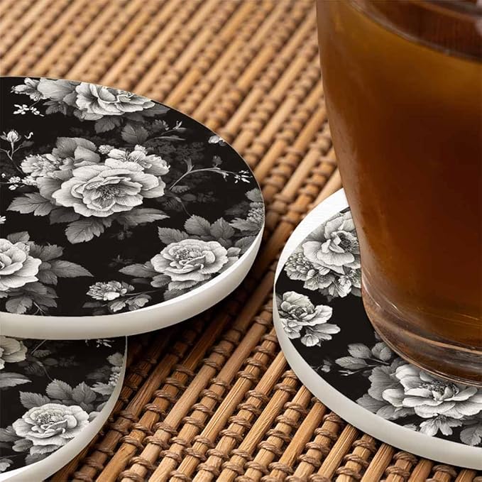Watercolor Black Flowers Cup Coasters Set of 2 Elegance Botanical Flower Pattern Grey Rose Bouquet Wooden Table Apartment Decor 100% Diatomite for Drinking Glasses,4 Inches