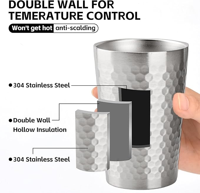 5 Pack 12 oz Stainless Steel Insulated Cup, Honeycomb Double Wall Vacuum Small Metal Cup, Reusable Camping Cups Unbreakable Indoor Outdoor for Party, Home, Office, BBQ, Silver