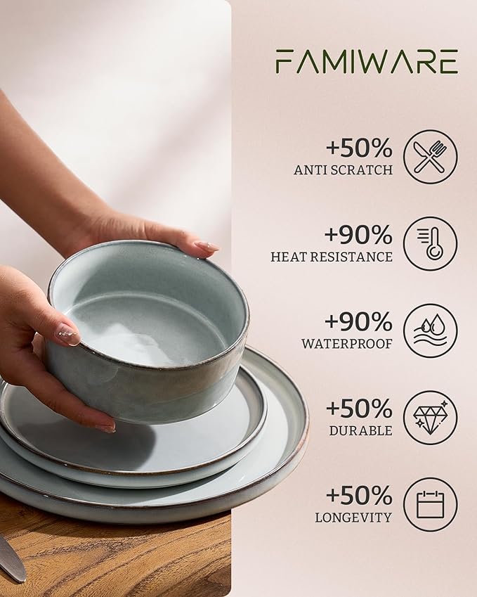 Famiware Annecy Plates and Bowls Sets, Service for 4 (16 Pieces), Dinnerware Sets with Pasta Bowls, Microwave and Dishwasher Safe Dishes Set, Chip and Scratch Resistant, Grey-Blue