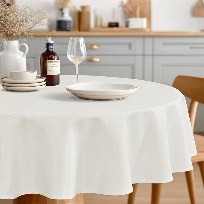 JIUZHEN Round Table Cloth Faux Linen Farmhouse Tablecloth Wrinkle & Stain Resistant Table Cover for Kitchen Dining, Holiday Party Dinner, White, 70 Inch Round