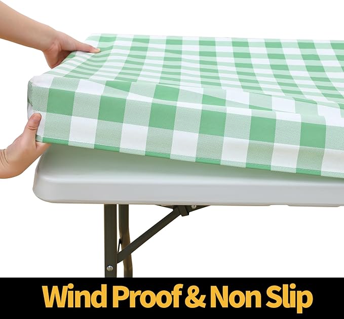 Smiry Rectangle Picnic Table Cloth, Elastic Waterproof Fitted Vinyl Tablecloths, Flannel Backed Buffalo Plaid Table Covers for Dining, Camping, Outdoor (Sage Green and White, 24" x 48")