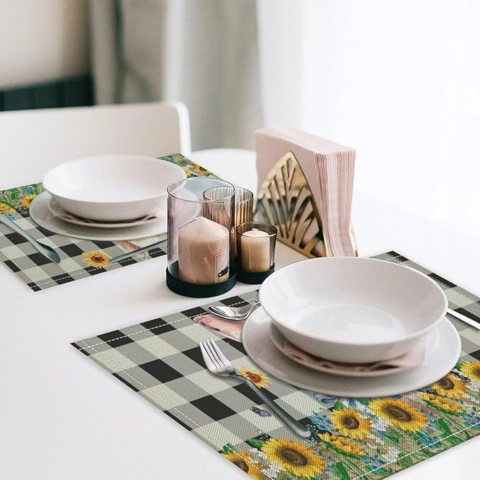 Rustic Pig Placemat Set, Vintage Farmhouse Cute Animal Sunflower Floral Black White Plaid Blue Bowknot Pattern Home Decor Table Mats for Dining Room Kitchen Party (17x12in) x6P