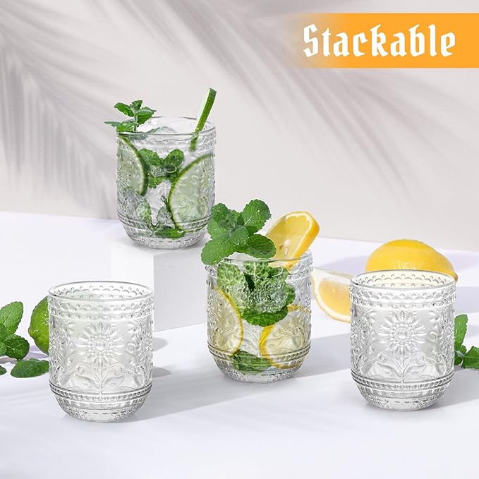 Topsky Vintage Drinking Glass Set of 4,12 oz Embossed Floral Drinkware Set,Colorful Drinking Glasses Cups Wine Glasses Colored Glassware for Whisky,Beer,Juice,Cocktail,Heavy Duty-Clear