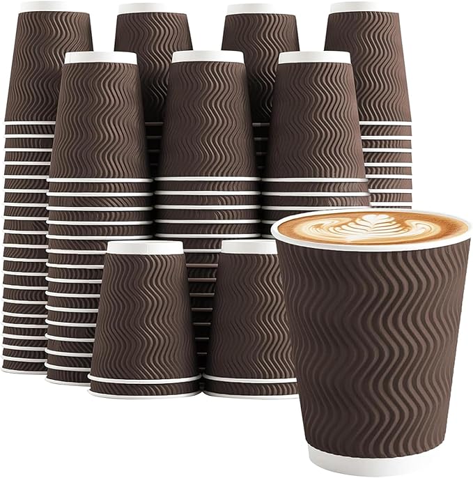 150 Pack 8 oz Coffee Cups, Disposable Corrugated Insulated Ripple Wall Paper Coffee Cups 8 OZ for Hot or Cold Drinks Office Home Cafe Party Travel (Brown)