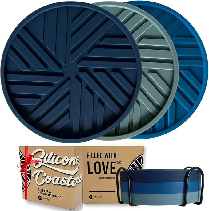 Silicone Coasters Set of 6 - with Holder - Smart and Modern Patterns That Holds Your Drink’s condensations, Protecting Your Coffee Table, Decor for Home, Office, bar