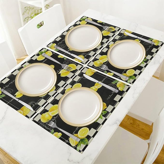 Vintage Lemon Placemat Set, Rustic Farmhouse Yellow Orange Fruit Leaves Black White Plaid Quotes Seamless Pattern Home Decor Linen Table Mats for Dining Room Kitchen Party (17x12in) x2P