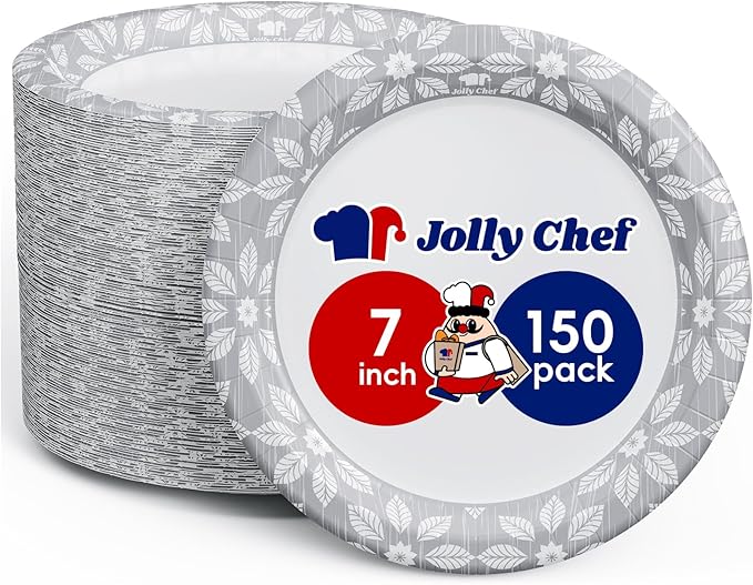 JOLLY CHEF 7 inch Disposable Paper Plates 150 Pack Heavy Duty Printed Dessert Plates for Thanksgiving or Everyday Use, Soak Proof, Cut Proof