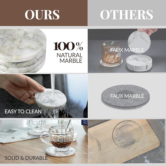 Koville Marble Coaster Set of 4, Round White Coasters, 4" Cup Coasters for Drinks, Heat Resistant Coaster for Coffee Table Home Office Bar Decor(Bianco Palomino)