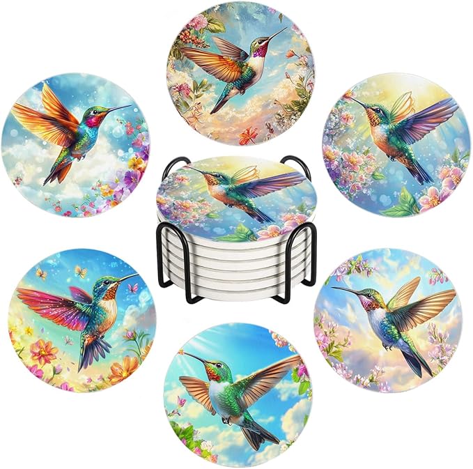 Drink Coasters for Drinks Set of 6, Spring Hummingbird and Floral Blossom Absorbent Round Ceramic Stone Mat Coaster, with Cork Base and Metal Holder, Home Bar Decor House Warming Gift