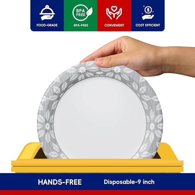 JOLLY CHEF 9 inch 140 Pack Disposable Paper Plates,Soak Proof, Cut Proof, Heavy Duty Printed Paper Plates for Everyday Use