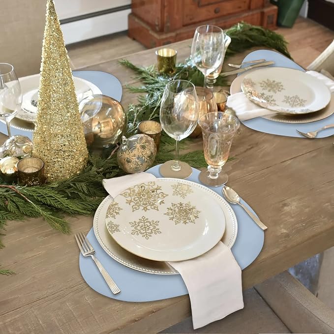 Faux Leather Heat Resistant Placemats for Dining Table Set of 2 and Coasters, Waterproof Wipeable Washable Dinner Table Mats, Easy to Clean Anti-Slip Place Mats Nordic Style, Light Blue