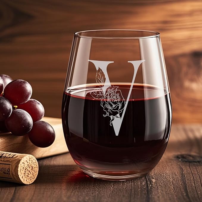 Valentines Day Gifts for Her, Gifts for Women Her Friend Mom Grandma Wife Sister Bridesmaid Nurse, Birthday Galentines Mothers Day Christmas, Personalized Initial Customized Wine Glasses 18OZ(V)