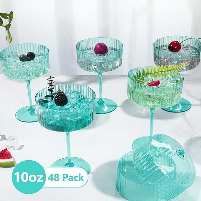 48 Pcs Ribbed Martini Glasses 10 oz Disposable Plastic Vintage Ribbed Coupe Glasses Unbreakable Dessert Parfait Glassware for Wedding Birthday Party Supplies (Light Green)