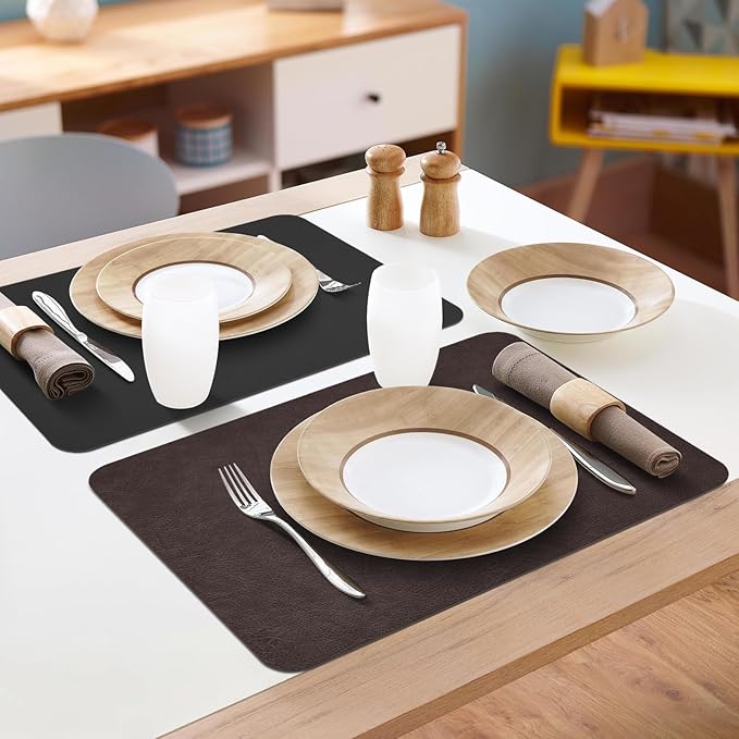 AAPLKER Faux Leather Placemats Set of 6, Vinyl Placemats Wipeable Waterproof Oil-Proof Table Mats, Heat Resistant Place Mats for Kitchen Indoor Outdoor, 16.9 x 11.8 inches (Choco Brown/Black)