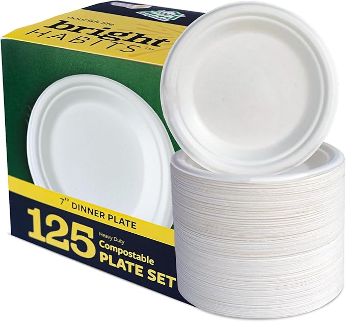 7” Compostable Plates, 125-Pack | Biodegradable Sugarcane | Sturdy, Microwave-Safe Disposable Plates for Parties & Events