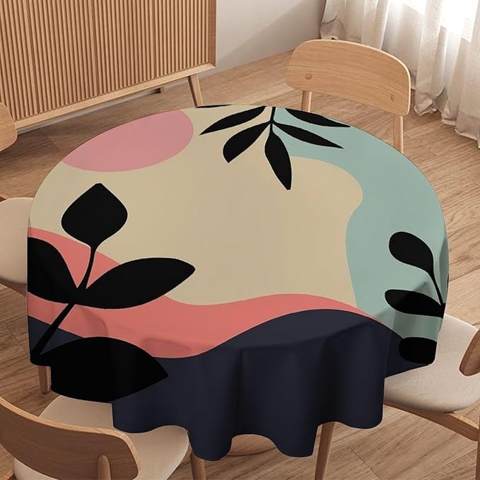 Medieval Bohemian Abstract Round Tablecloth, Mid Century Modern Leaves Geometric Tablecloth for Home Party Dining Room Kitchen Decor 70Inch(178cm)