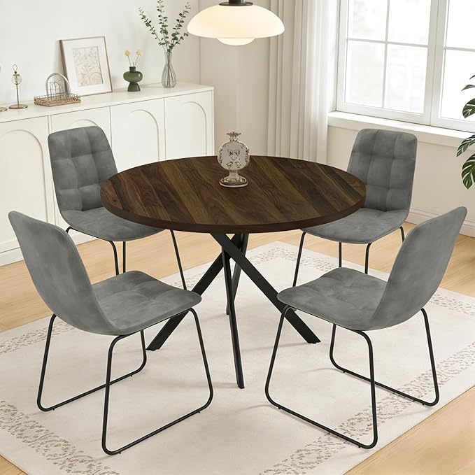 44" Round Dining Table with Cozy Chair Set for 4, Modern Mid-Century Dining Table Set of 4, Dinette Sets with Metal Leg for Kitchen Dining Room Apartment(Walnut Table + Gray Chairs)