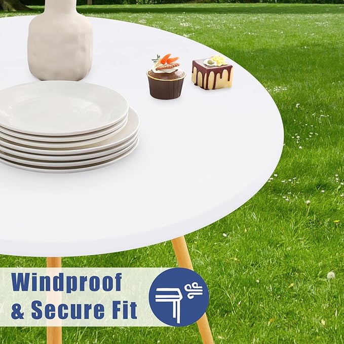 Round Spandex Tablecloth 2 Pack, Elastic Fitted Waterproof Tablecloths for 36"-44" Tables, Stretch Washable Picnic Table Cover for Camping, Dining, Indoor and Outdoor, White