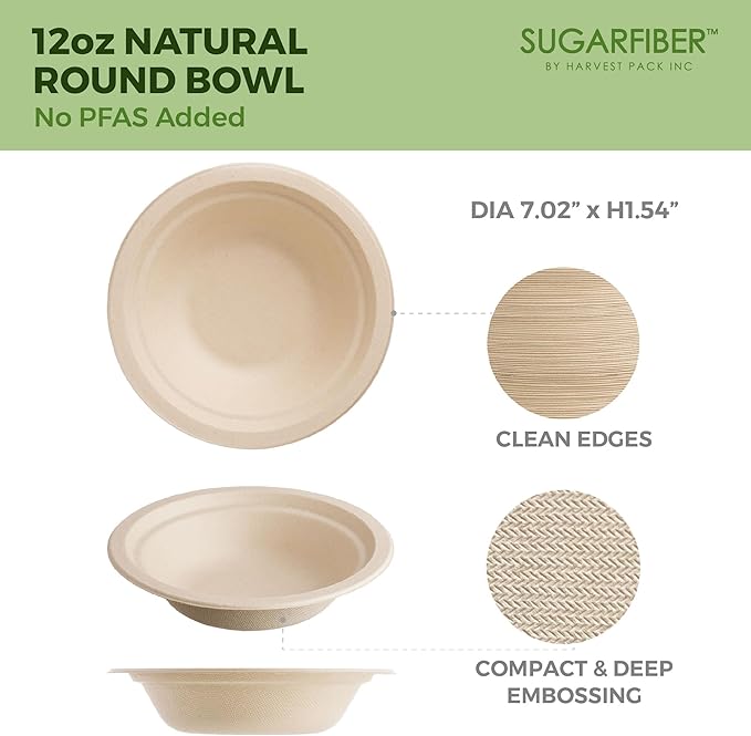 [50 Count] Harvest Pack PFAS Free 12oz Round Paper Bowls - Compostable Heavy-Duty Eco-Friendly Disposable Bagasse Bowls Sugarcane Natural Plant fibers for Meal Prep Takeout Dinnerware