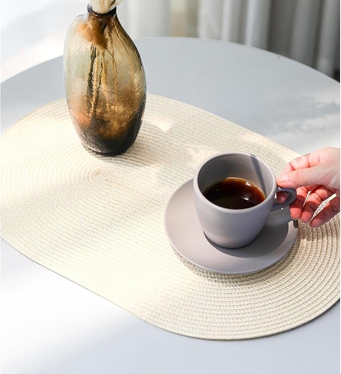 FunWheat Oval Braided Placemats Set of 6 Table Mats for Dining Tables Washable Heat Resistant Place Mats for Indoor Outdoor Use 12 x18 Inch(Oval Beige, 6pcs)