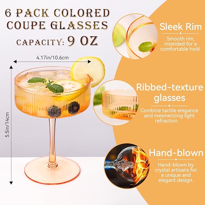 9 oz Colored Coupe Glasses Set of 6 Ribbed Colorful martini Glasses for espresso dessert