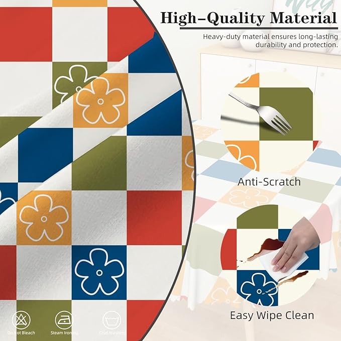 Laeacco 60 Inch Plaid Round Tablecloth Colorful Buffalo Plaid Flower Modern Geometric Abstract Art Print Table Cloth Washable Waterproof Wrinkle Free Table Cover for Kitchen Dining Picnic Party Decor