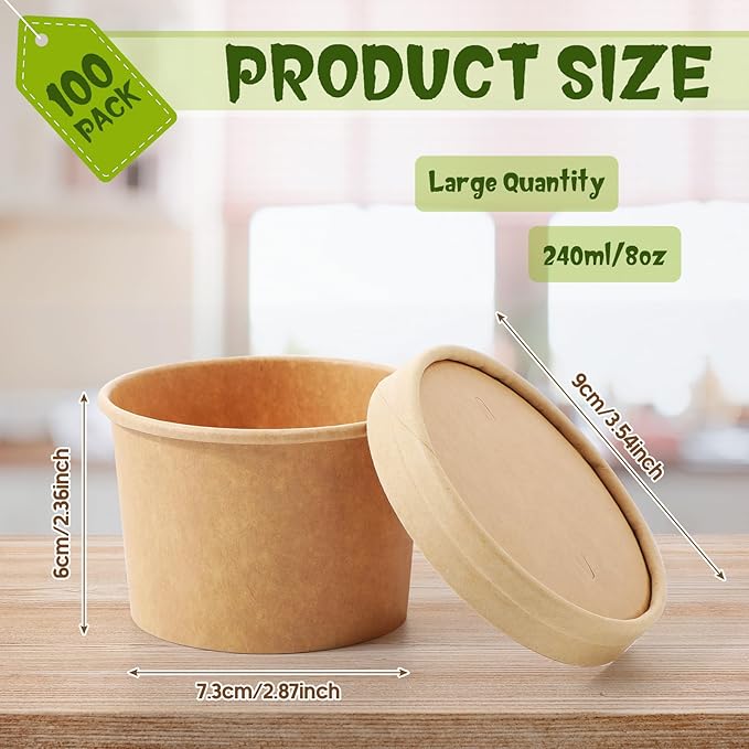 Fulmoon 100 Pack Paper Soup Containers with Lids Disposable Paper Food Containers with Vented Lid Kraft Ice Cream Cake Dessert Cups Soup Bowl for Party Hot Food Fruit Microwave (8 oz,Brown)