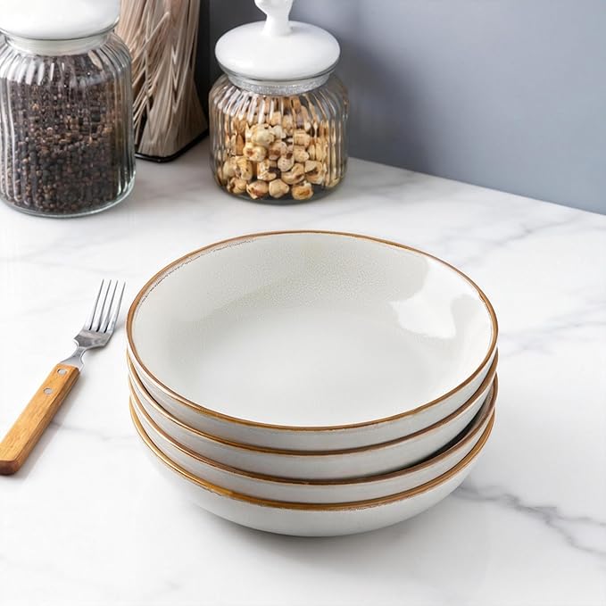 AmorArc 8.5'' Large Pasta Bowls, 36oz Ceramic Salad Serving Bowls Set of 4 for Kitchen, Wide Stoneware Bowls for Pasta,Salad,Fruit,Bread, Microwave Safe, Reactive-Pearl White