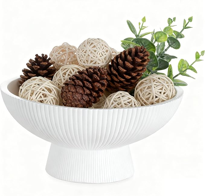 Hanobe Decorative Bowl Entryway Table: Coffee Table Decor for White Fluted Dough Pedestal Bowls - Modern Farmhouse Decor Marble Bowl for Pottery Barn Decor - Footed Key Holder for Home Kitchen Counter
