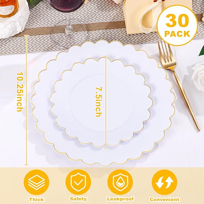 LIYH 60 Pcs Gold White Plastic Plates Scalloped Plastic Holiday Plates Disposable Gold Combo Plate Includes 30 Dessert & 30 Dinner Plate Dishes for Valentine's Day and Mother's Day