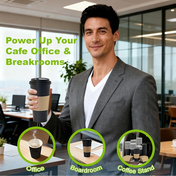 100 Pack 16 oz Disposable Coffee Cups with Lids and Sleeves, To Go Coffee Cups with Lids, Leak-Proof Hot Coffee Cups, PLA Black Paper Coffee Cups for Hot Beverage