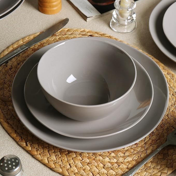 Dinnerware Sets for 6, 18 Pieces Stoneware Plates and Bowls Sets, Dishwasher&Microwave Safe,Modern Minimalist Tableware for Everyday Use, Grey