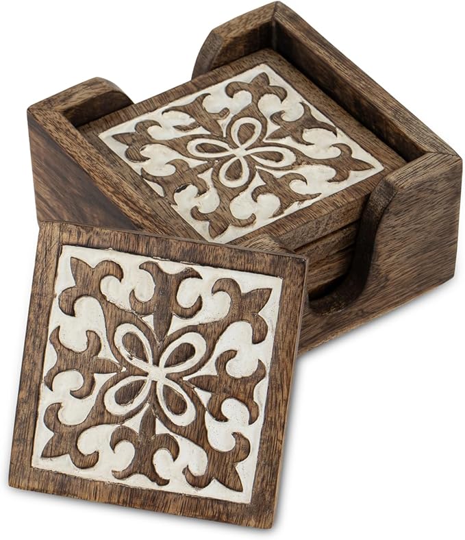 DEVLA Decorative 4 inch Wooden Coaster Set, Hand Carved with White Antique Design, 5 Coasters with Holder, Brown and White Antique