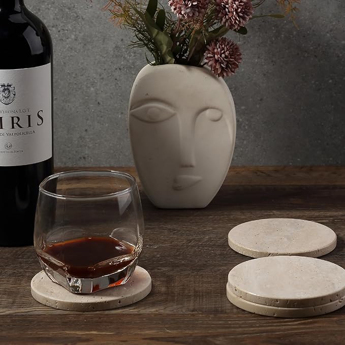 Koville Travertine Coasters, Marble Coaster Set of 4 for Drinks, 4" Round Stone Coasters Set Heat Resistant, Decorative Modern Cup Coaster for Coffee Table Home Bar Decor, Unique Gift Choice(Beige)