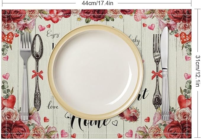 Retro Farmhouse Placemat Set, Romantic Pink Rose Floral Rural Plank Art Sketch Cutlery Knife Fork Inspirational Quotes Pattern Home Decor Linen Table Mats for Dining Room Kitchen Party (17x12in) x2P